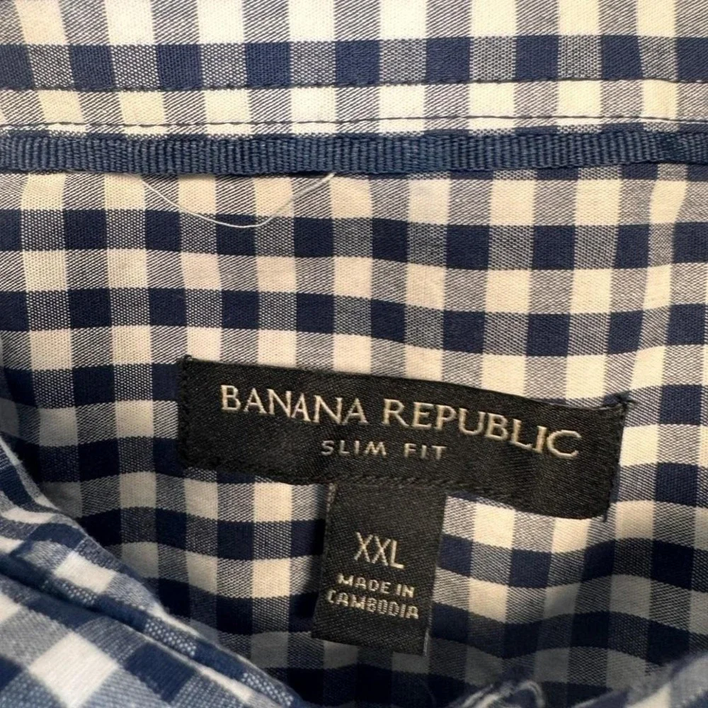 Banana Republic Mens XXL Slim Fit Gingham Button Down Shirt Navy Blue White 2844